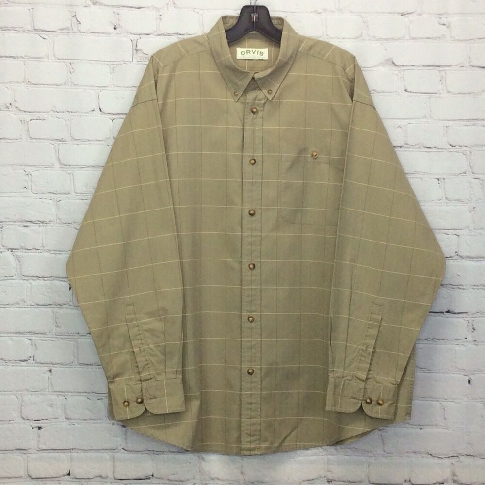 Orvis Button Down Shirt Men’s Sz XL Casual Travel Tanish Windowpane Long Sleeve